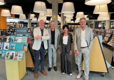 bestuurders Remko Keijzerwaard (Techniek College Rotterdam), Ron Kooren (Albeda), Alice Vlaanderen (Bibliotheek Rotterdam), Jan Lokker (Zadkine)